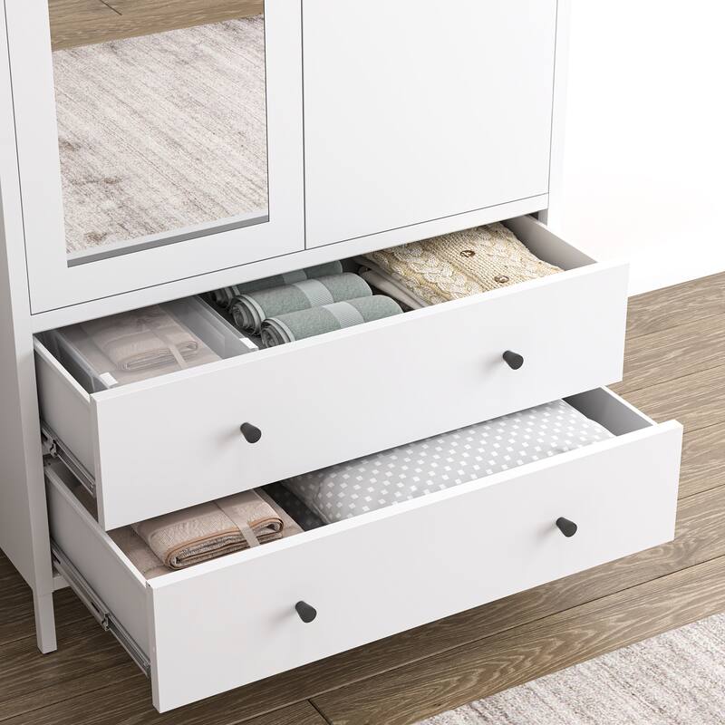 Metal Armoire Wardrobe Closet with 2 Drawers,Mirror Door and Hanging Rod