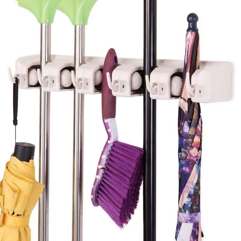 Wall Mounted Broom Mop Holder with 5 Slots and 6 Hooks ABS Organizer for Garage Kitchen Laundry