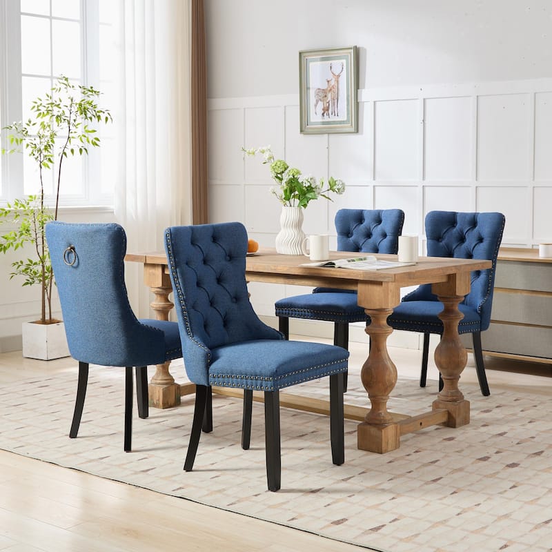 Modern Upholstered Linen Dining Chair with Wood Legs, Set of 2 - Blue