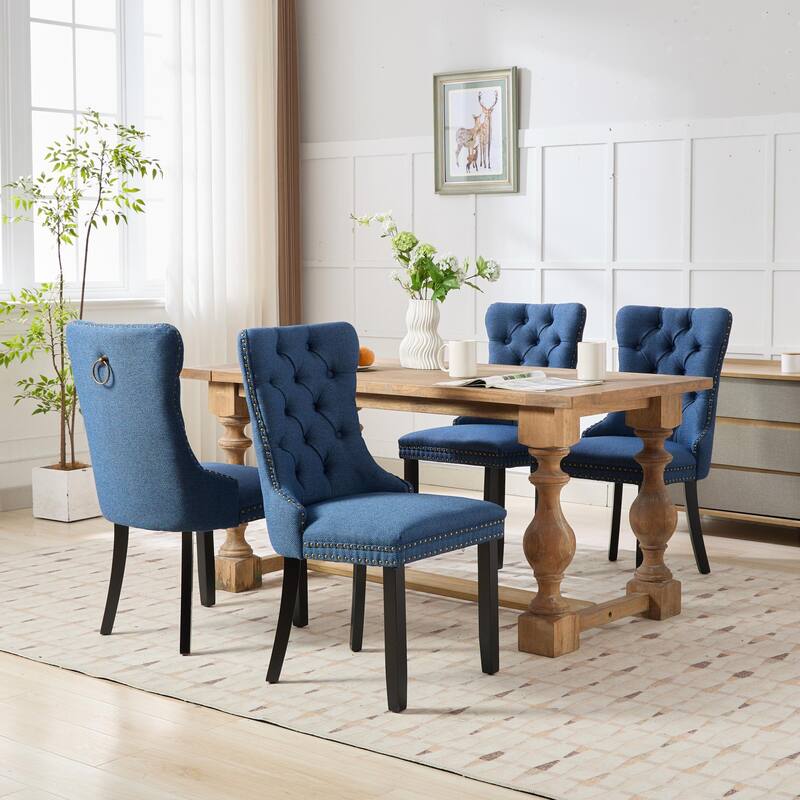 Set of 2 Linen Upholstered Dining Chair with Wood Legs, Nailhead Trim