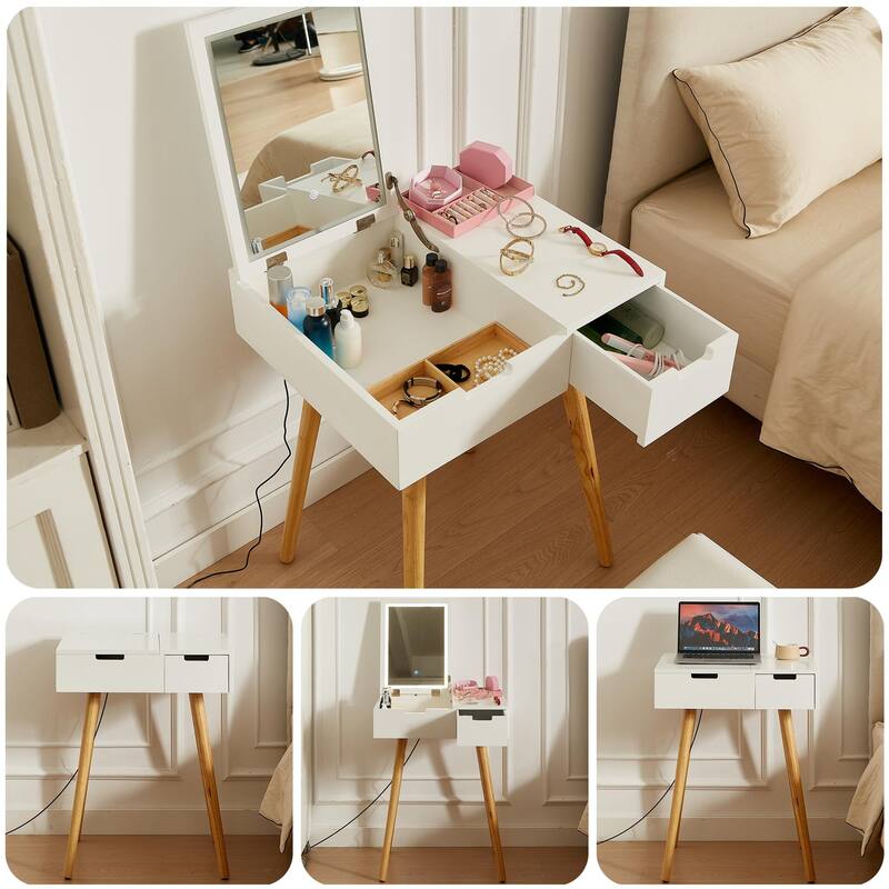 Small Makeup Vanity Table, Dresser Desk with 2 Drawers , Flip Top Mirror Organizer, Makeup Dressing Table for Bedroom