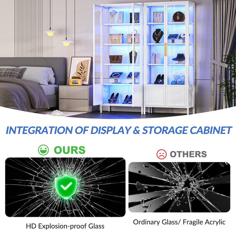 5-Tier Tempered Glass Curio Display Cabinet with Doors, Adjustable Shelves and 13 Color Lights - 67"H x 27.5"W x 13.8"D