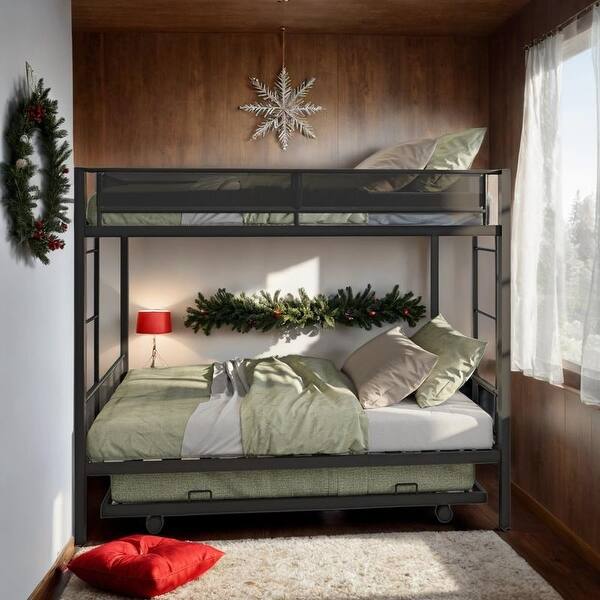 slide 2 of 12, Twin over Twin Metal Bunk Bed for Three with Space-Saving Trundle, Black Black