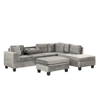 104.5" Modern L-Shape Sectional Sofa with Storage Ottoman, Reversible Chaise, Cup Holder and 2 Pillows for Living Room