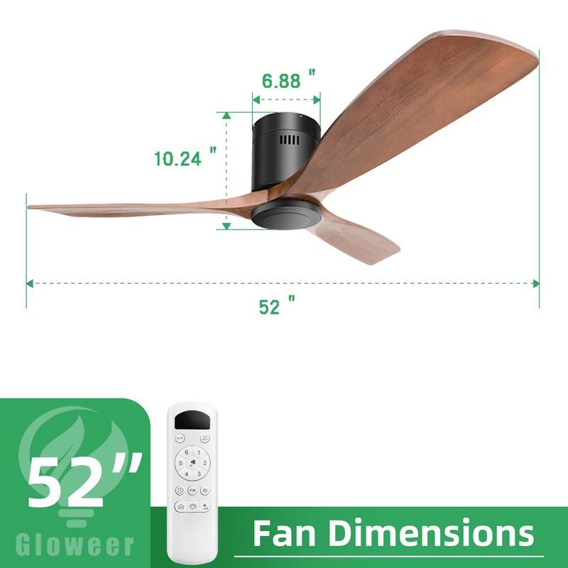 Sleek 52" Low Profile Walnut Ceiling Fan - Quiet, Remote Controlled, No Light