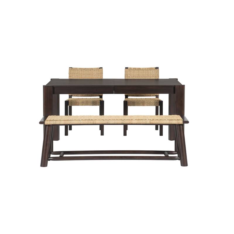 Farmhouse 4-Piece Dining Table Set for 3-4, Extendable Wood Table with 2 Rattan Chairs & 1 Bench for Dining Room, Kitchen