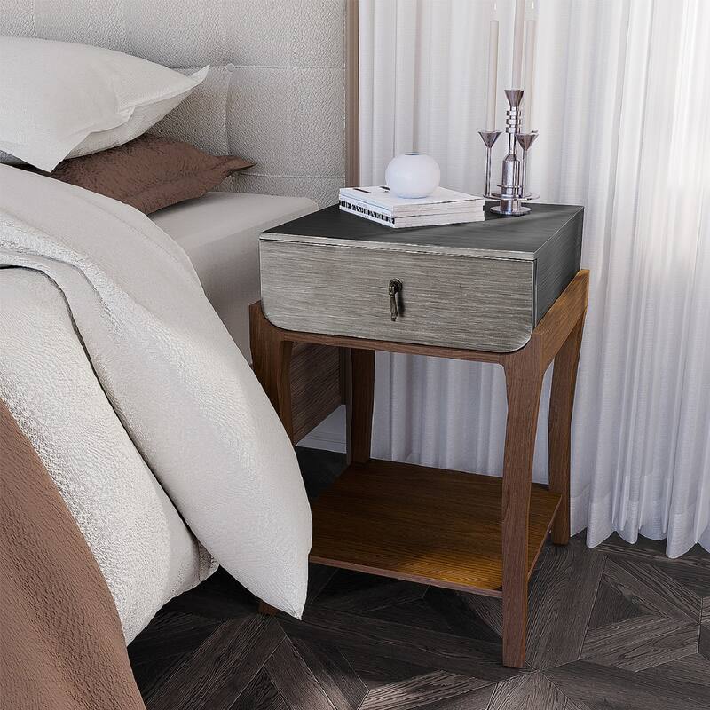 SUNBURY Farmhouse Nightstand Wood Accent End Table w Drawer and Shelf - Black-Silver-1PC