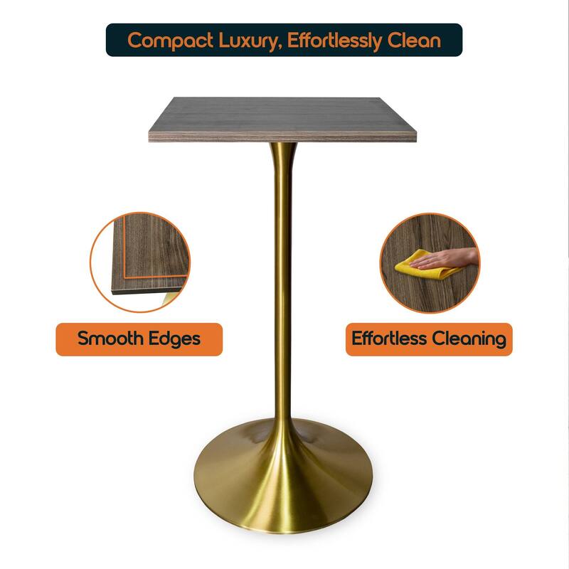 Verve 43 in. Tall Bar Height Dining Table Square MDF Wood Tabletop in Gold Stainless Steel Pedestal Base Accent Bar Table