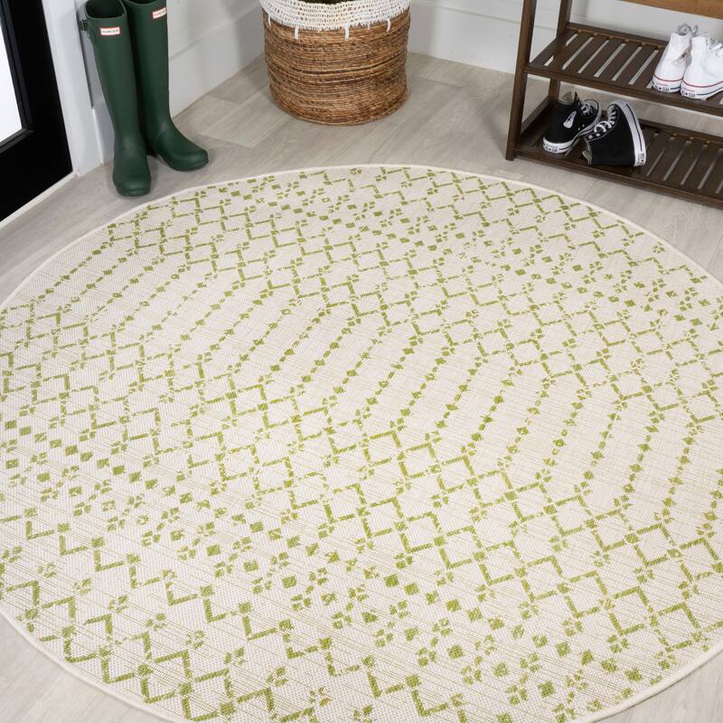 JONATHAN Y Trebol Moroccan Geometric Textured Weave Indoor/Outdoor Area Rug - 5' Round - Cream/Green