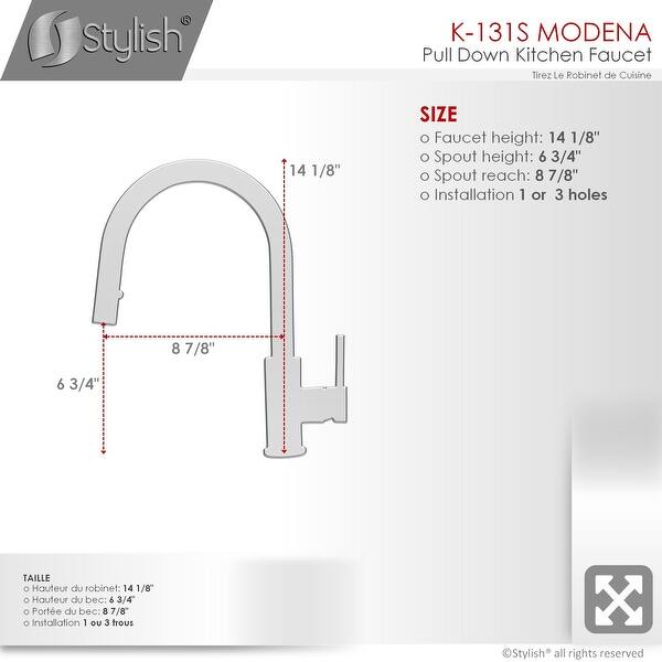 dimension image slide 2 of 3, STYLISH Kitchen Sink Faucet Single Handle Pull Down Dual Mode in Stainless Steel - Faucet Height: 14 1/8" | Spout Height: 6 3/4"