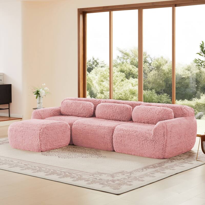 Anmytek Modern L-Shaped Boneless Sofa - Soft Fluffy Plush 32D High Density Sponge with Throw Pillows Movable Ottoman