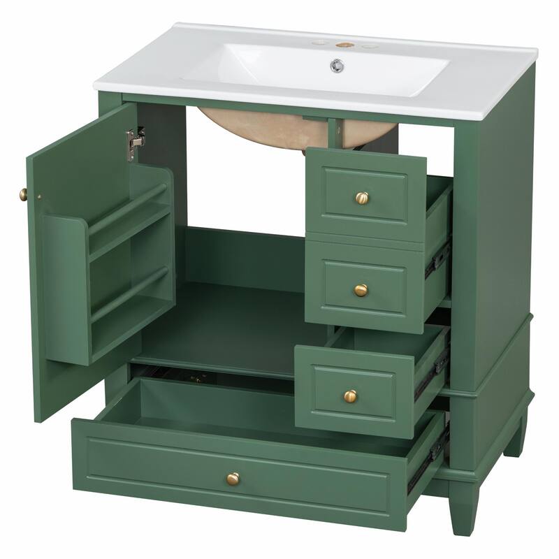 30" Bathroom Vanity with Sink, Soft-Close Door, One Door with Shelf & Three Drawers