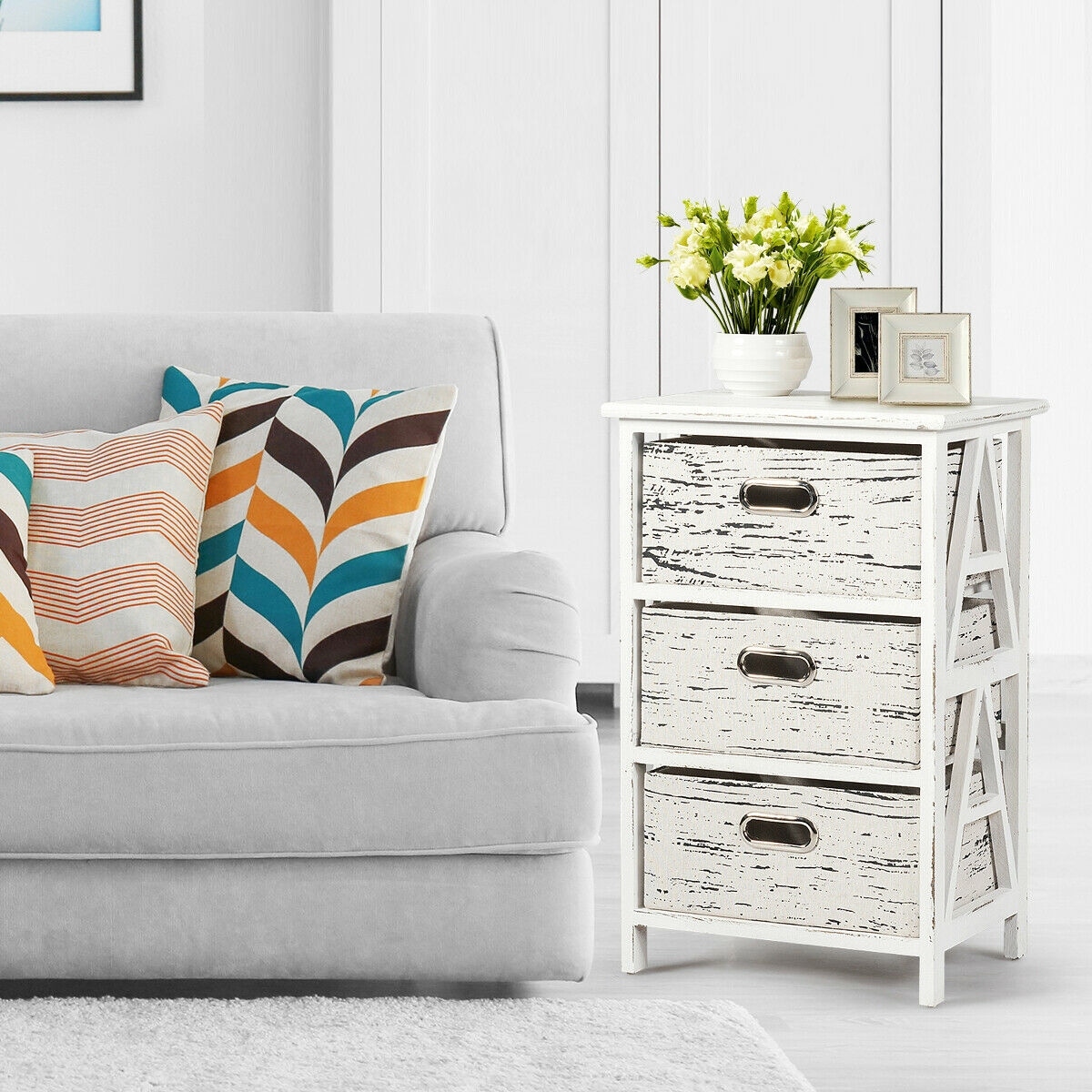 Shop Gymax Chest W 3 Fabric Drawers Vintage Wood Frame End Table