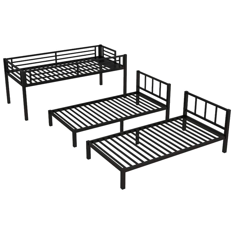 Detachable Triple Bunk Bed Frame Convertible 3 Twin Platform Beds with Storage Shelves, Headboard, Ladder and Safety Guardrails