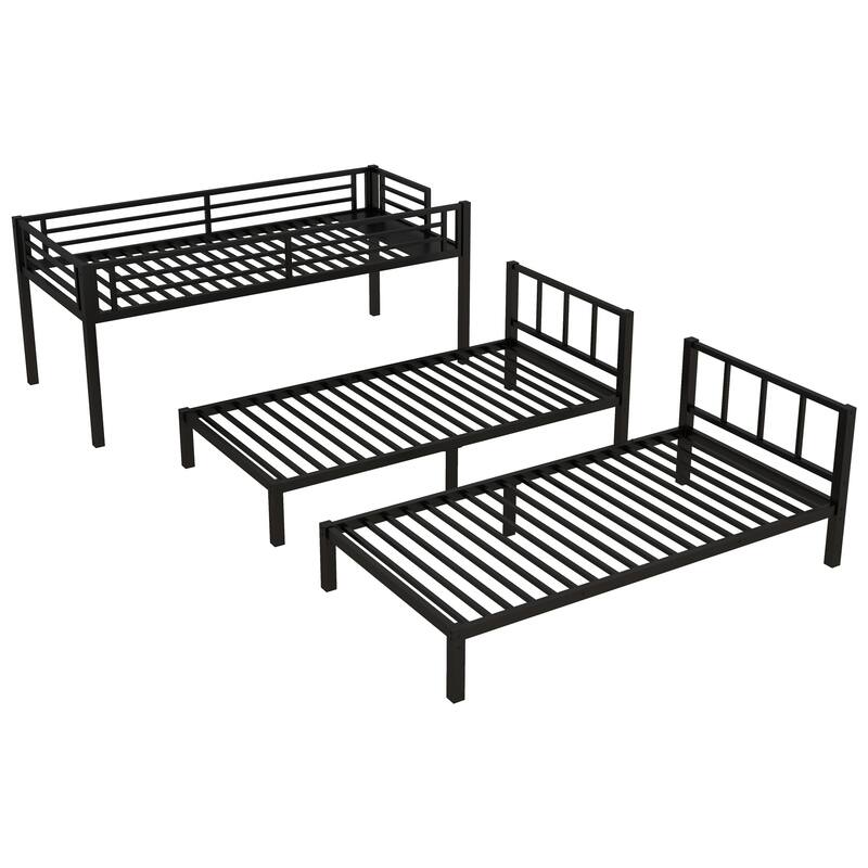 Roomfitters Metal Triple Bunk Bed, Twin over Twin & Twin L-Shaped Bunk Bed with Shelf, Black