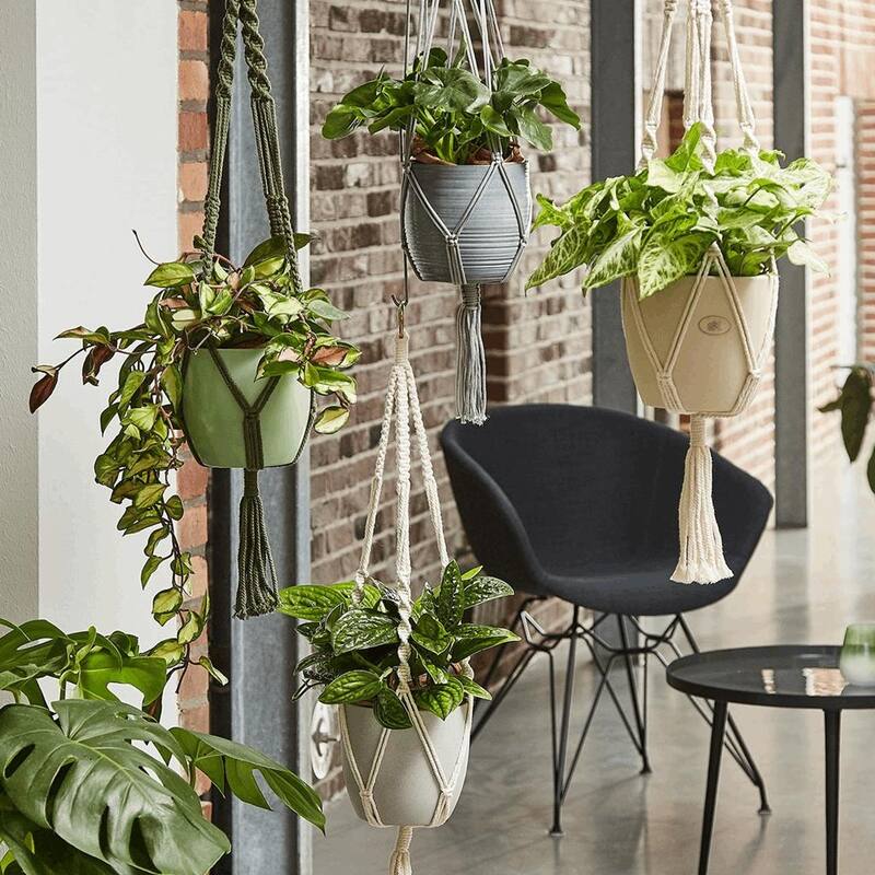 35" Macrame Plant Pot Hangers - Natural Beige, Shiny Gray or Natural Green