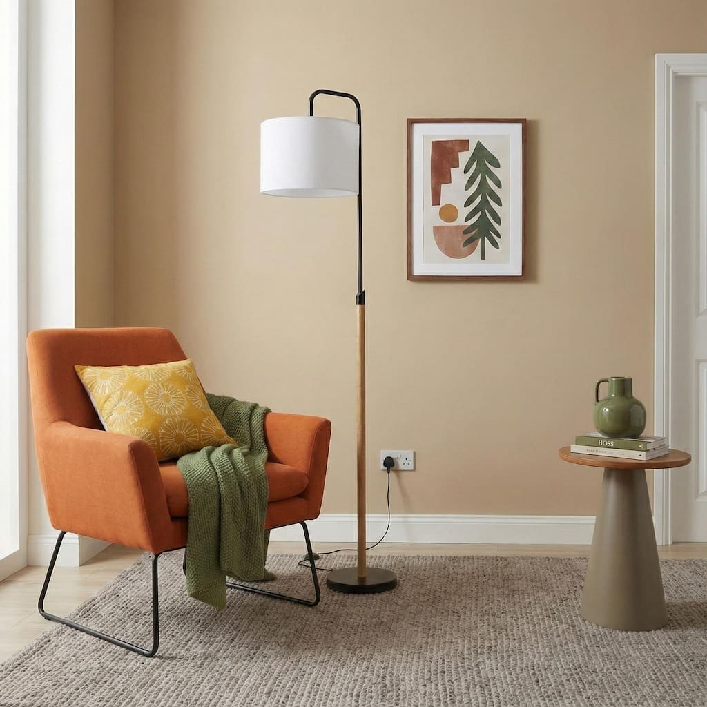 Rachel Modern Floor Lamp with Wooden Pole and White Drum Shade