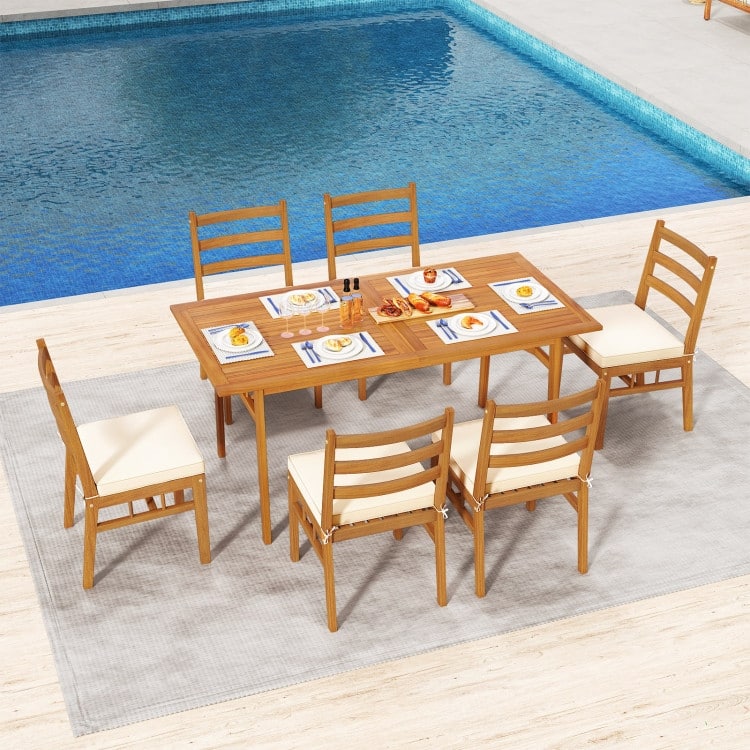 Natural Off-White Acacia Wood Dining Chairs Set of 4 with Cushions - 18” x 21.5” x 34” (L x W x H)