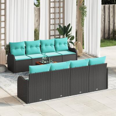 vidaXL 9 Garden Sofa Set with Cushions Black Poly Rattan - 90.9 x 24.4 x 27.2