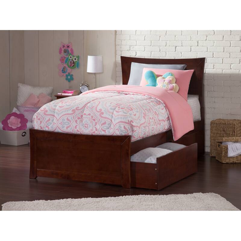 Twin XL Platform Bed with Footboard & Drawers - Modern Walnut Design & Storage