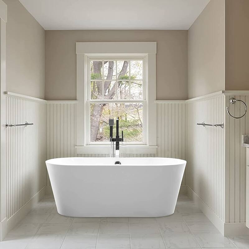 Vanity Art 59.1" Freestanding Acrylic Bathtub Modern Stand Alone Soaking Tub with Polished Chrome Round Overflow & Pop-up Drain