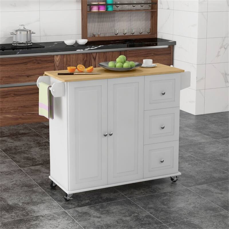 White Kitchen Island Cart with Drop Leaf and Rolling Wheels Drawers and Adjustable Shelf - 45.25" W x 25.25" D x 36" H