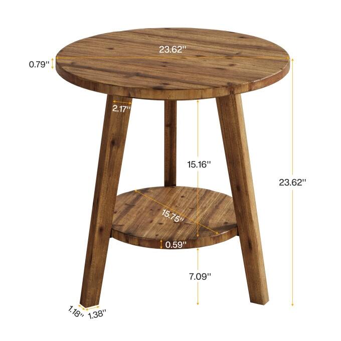 2-Tier Solid Wood Side Table, Circular End Table, Rustic Bedside Table