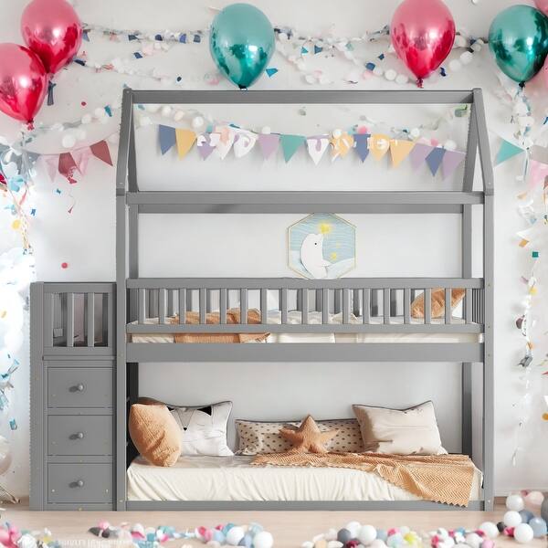 slide 2 of 23, Twin over Twin Bunk Bed with Storage Shelves and Drawers and Strong Construction Grey