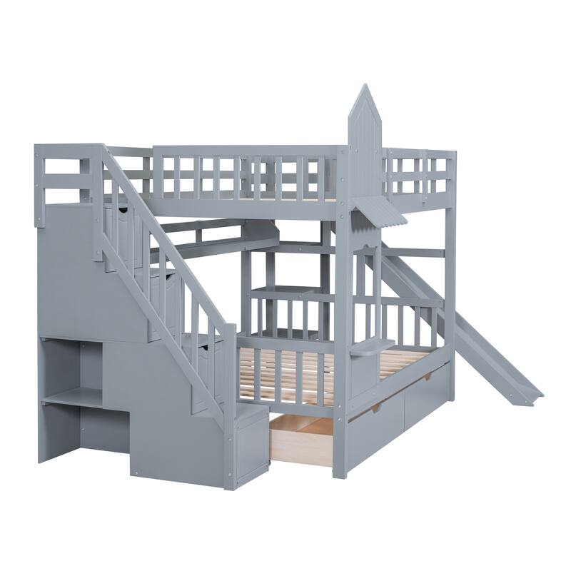 Solid Wood Castle Style Bunk Bed with Drawers and Slide