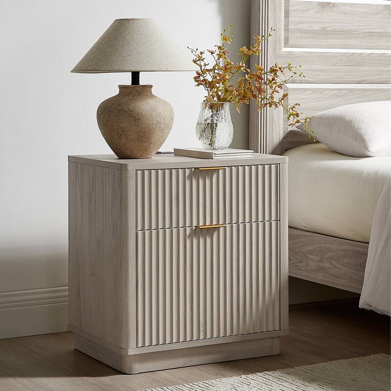 Modern Fluted Nightstand with Charging Station, 2 Drawer Bedside Table - White Alder