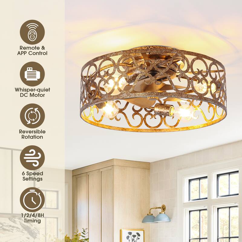 18-inch Rustic Gold Metal Caged Flush Low Profile Celing Fan with Remote and APP Control