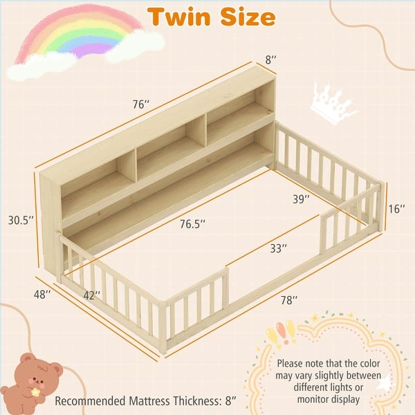 dimension image slide 1 of 3, Costway Twin Size Montessori Floor Bed with Bookcase Storage Shelves &