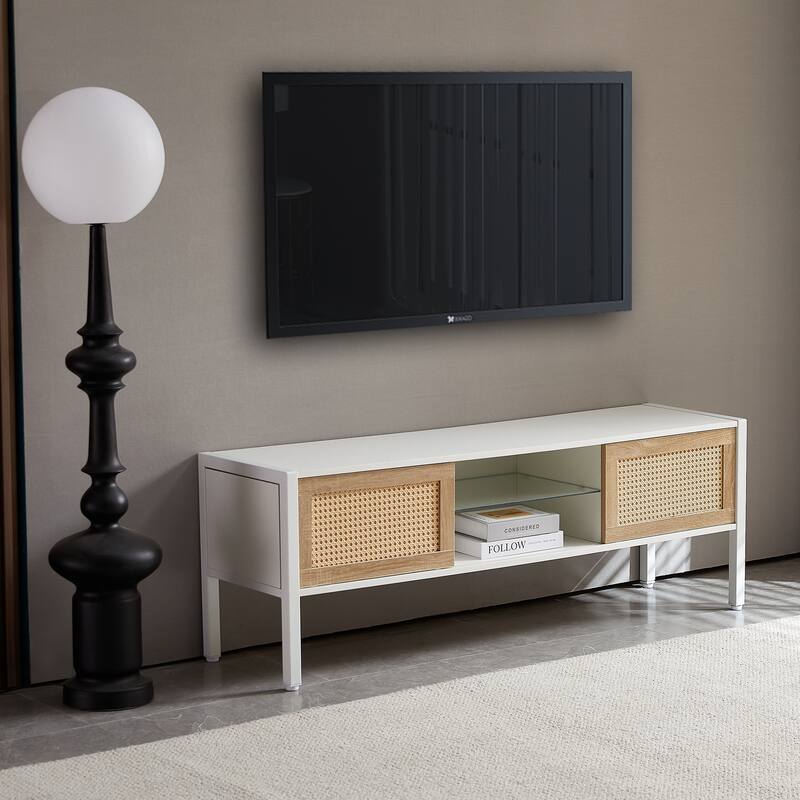 54.33" Rattan TV cabinet with variable color light strip, double sliding doors,adjustable shelf, metal legs, TV console