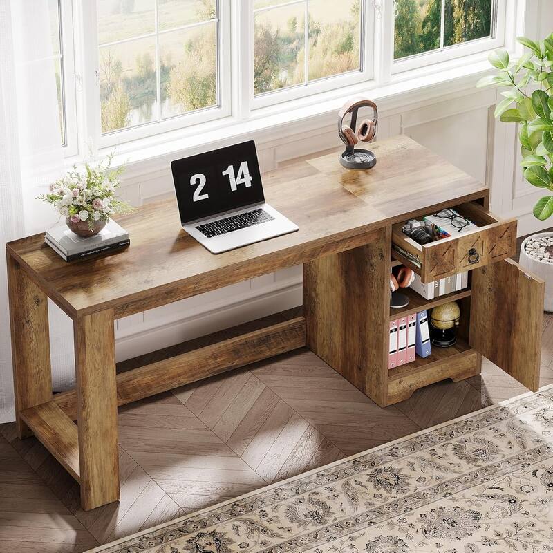 59 Inches Brown Engineered Wood Computer Desk with Drawer, Farmhouse Office Desk with Storage Cabinet for Home Office