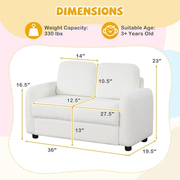 dimension image slide 0 of 3, Gymax 2-Seat Kids Sofa Toddler Sofa Couch w/ Soft Teddy Fleece