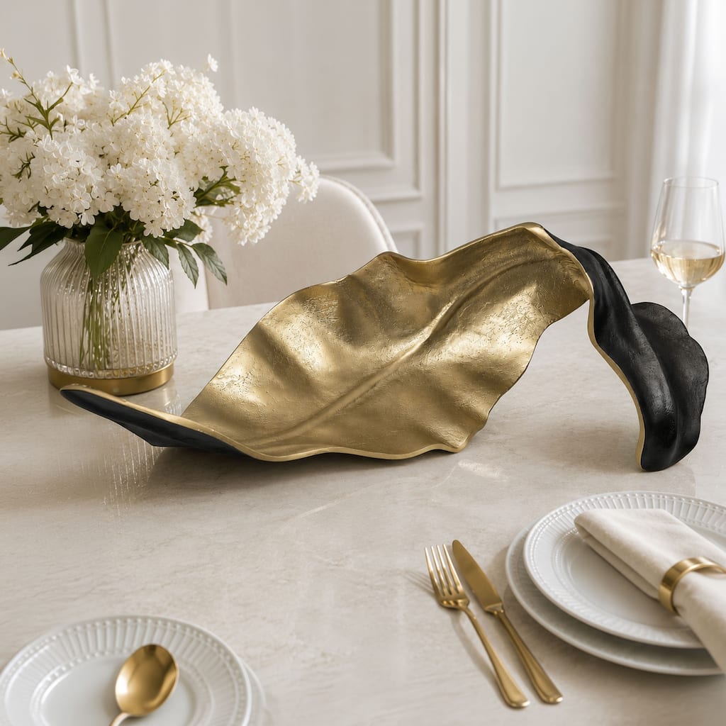 Lica 19 Inch Twisted Leaf Sculpture Table Decor, Antique Gold and Black Finish, Handcrafted Metal