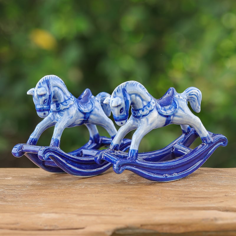 Novica Handmade Blue Amusement Ceramic Figurines (Pair)