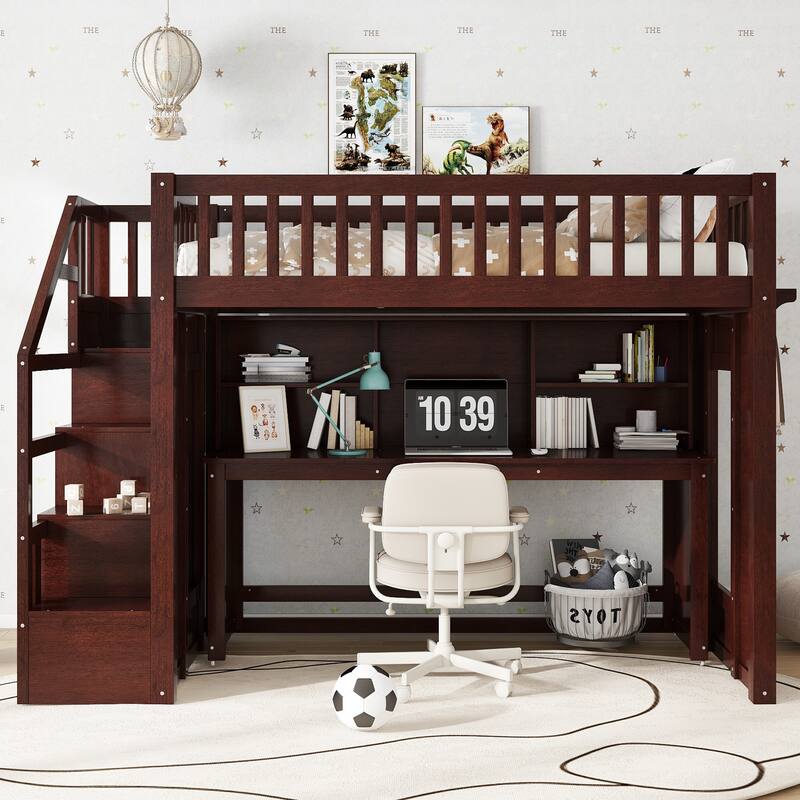 Children's Bedroom Solid Wood Loft Bed with Movable Desk, Storage Stairs, Shelves, Safety Guardrails and Optional Full or Twin