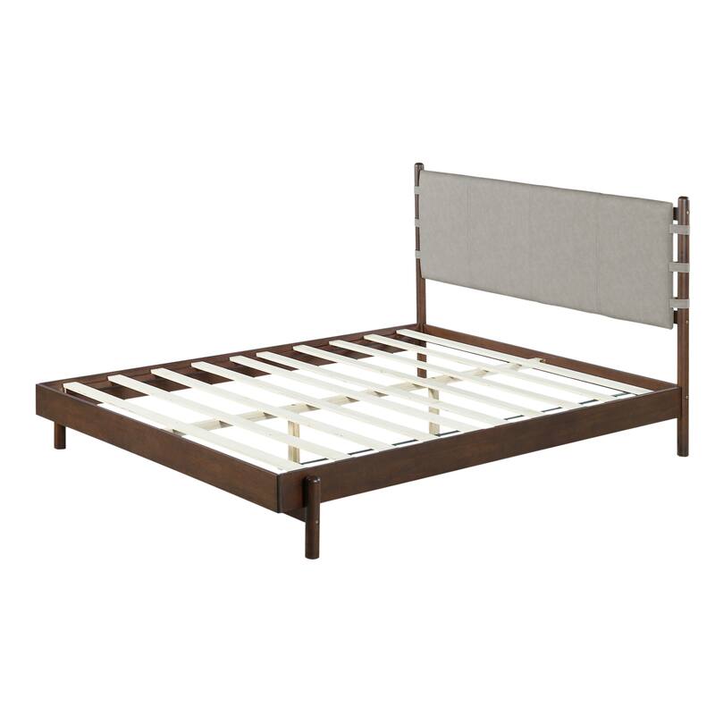 Mid-Century Modern Rubberwood Platform Bed with Faux Leather Upholstered Headboard