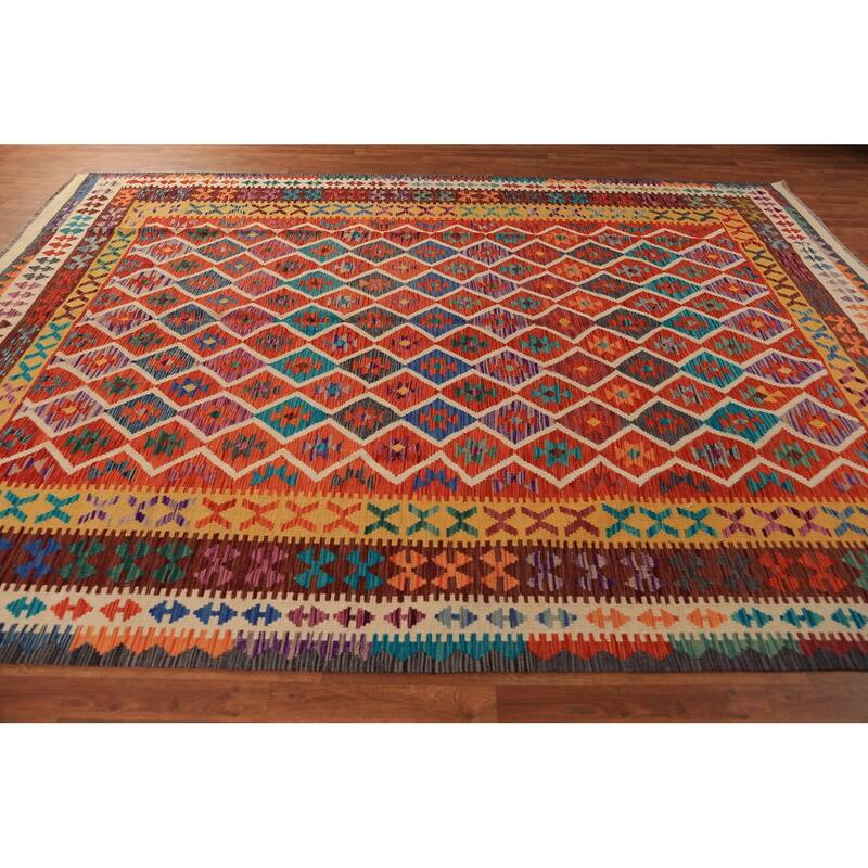 Geometric Trellis Kilim Oriental Area Rug Hand-Woven Wool Carpet - 8'4"x 11'3"