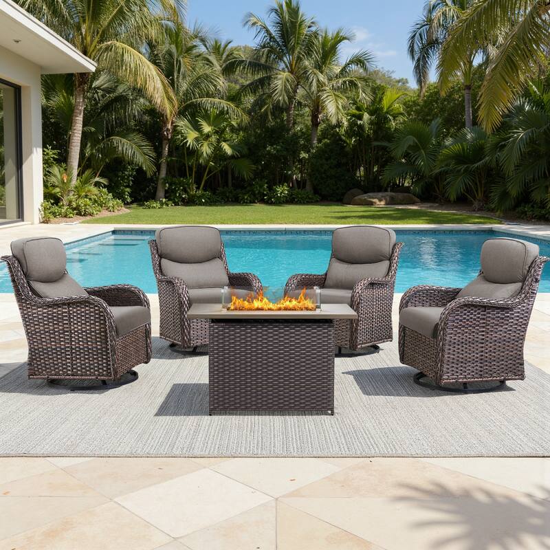 Meyreso 5-Piece Outdoor Patio Wicker Fire Pit 4 person Conversation Set with 5-Inch Thick Cushions