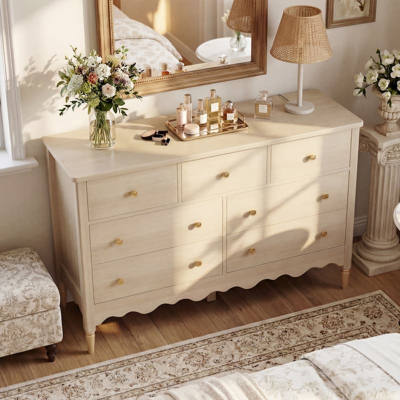 Narill Wave-Inspired 7-Drawer Dresser, 47-In Bedroom Chest of Drawers - Natural