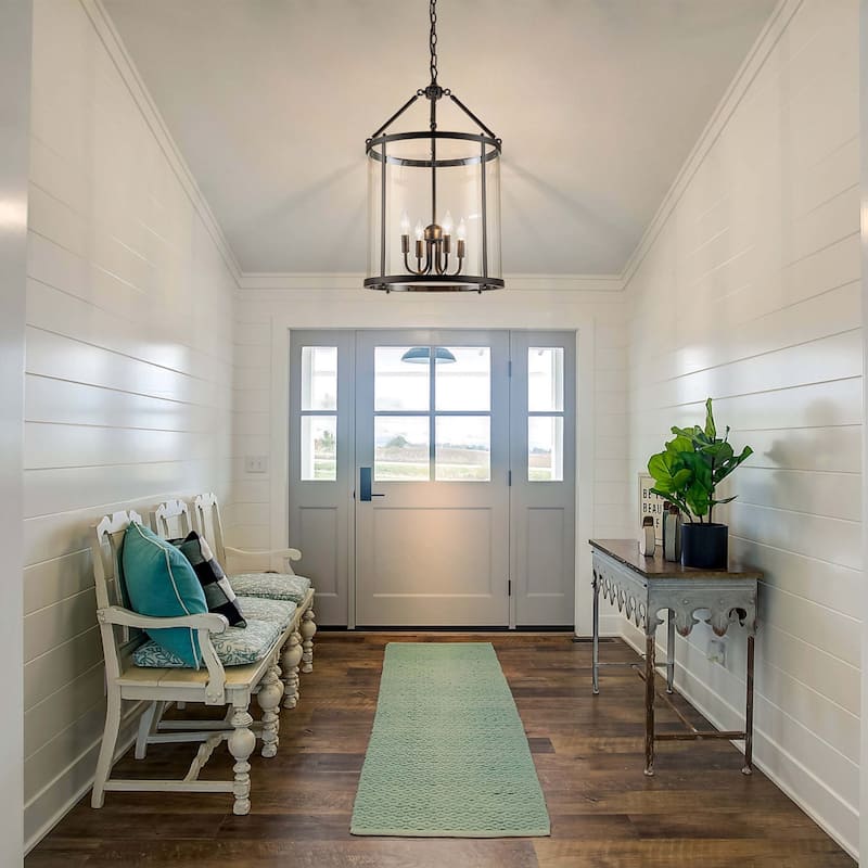 4 - Light Farmhouse Lantern Pendant Dimmable Glass Drum Chandelier for Kitchen Island Foyer - W 16"