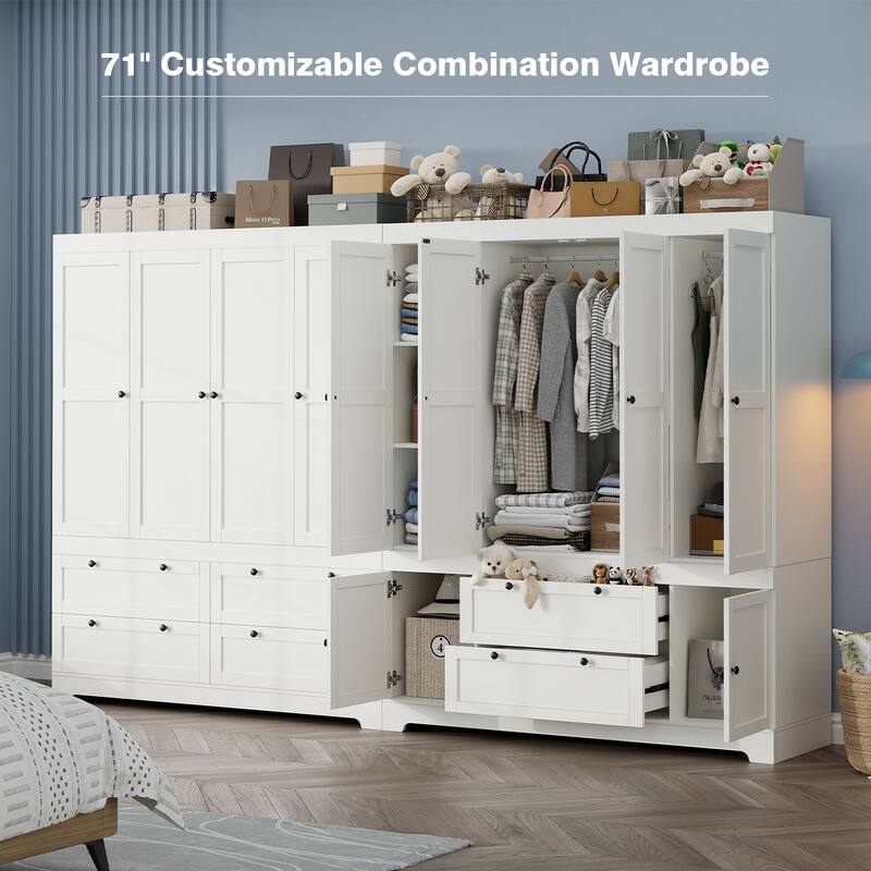 Gyomojoy Large White Wardrobe Closet with Drawers & Doors, Modular Armoire with Hanging Rods, Apartment & Dorm Storage