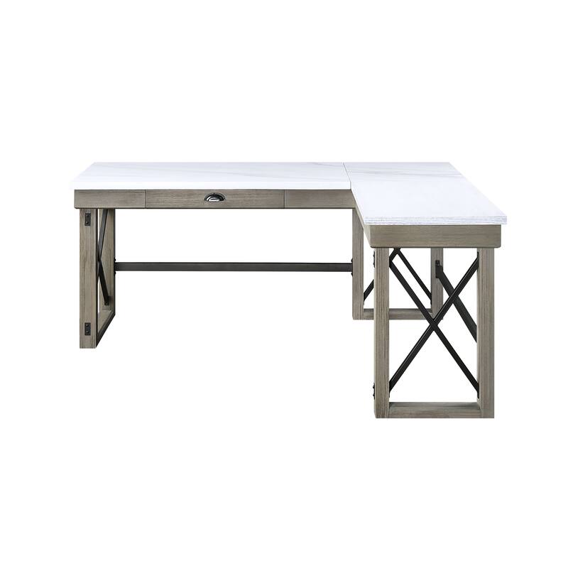 Writing Desk with Lift Top in Rustic Finish Marble Table Top, LShape