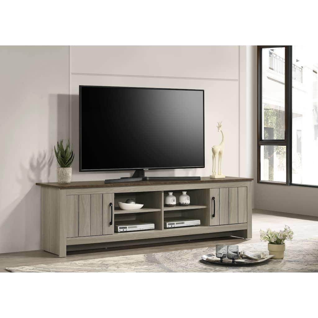 Nyla 68.5"W Gray Oak TV Stand with Shelves and Cabinet Doors