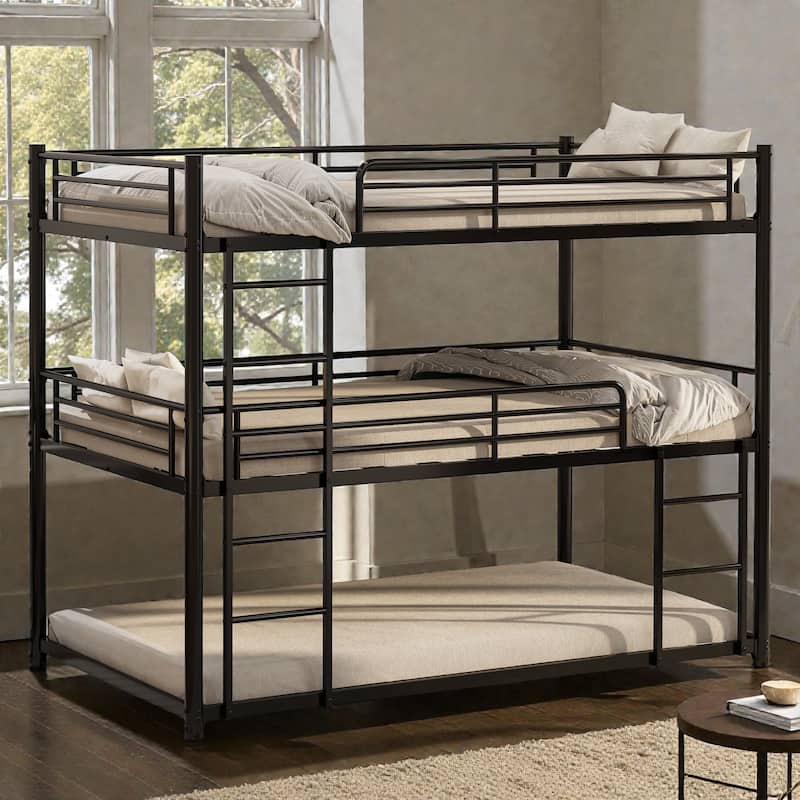 Twin Over Twin Over Twin Metal Triple Bunk Bed with Safety Rails, Non-Slip Ladder, Space Saving Design