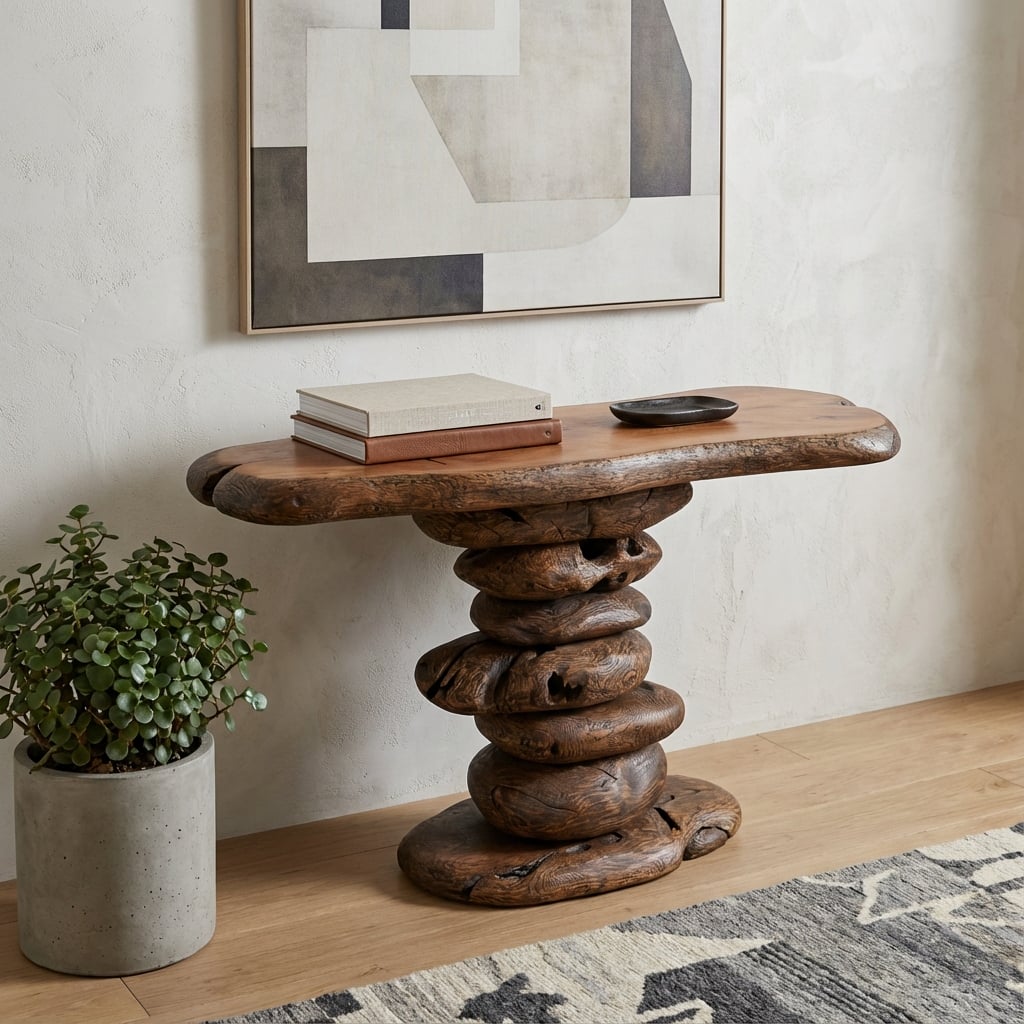 HomeRoots 51" Dark Brown Reclaimed Solid Wood Free Form Pedestal Console Table - 51.20 in. x 33.50 in. x 23.60 in.
