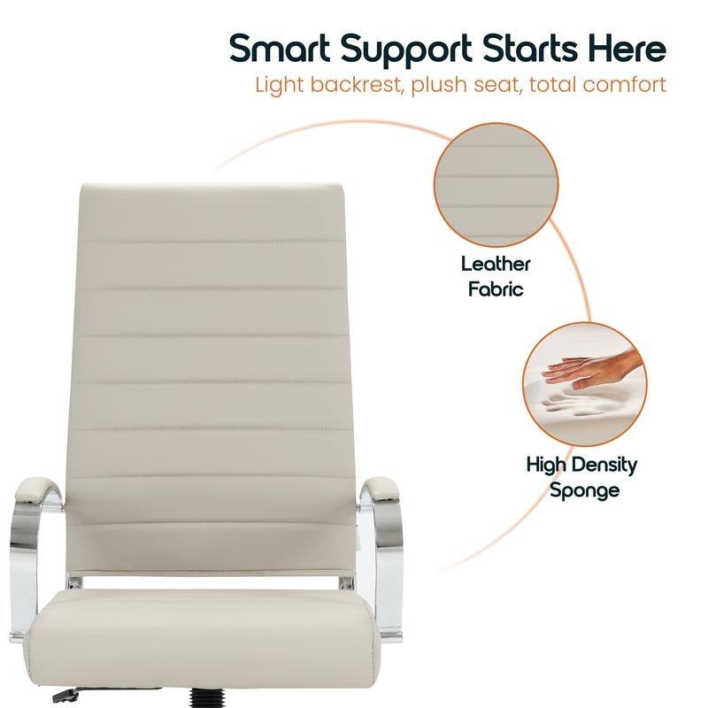 Benmar High-Back Leather Office Desk Chair in Stainless Steel Frame Adjustable Height Tilt Lock 360 Swivel Ergonomic Chair