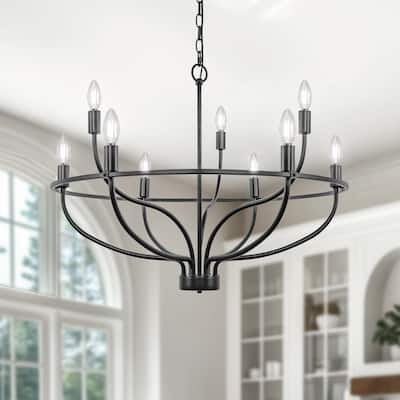 YANSUN Large Circular 9-Light Chandelier, All-Black Finish, E12 Base, Perfect for Contemporary Home Interiors